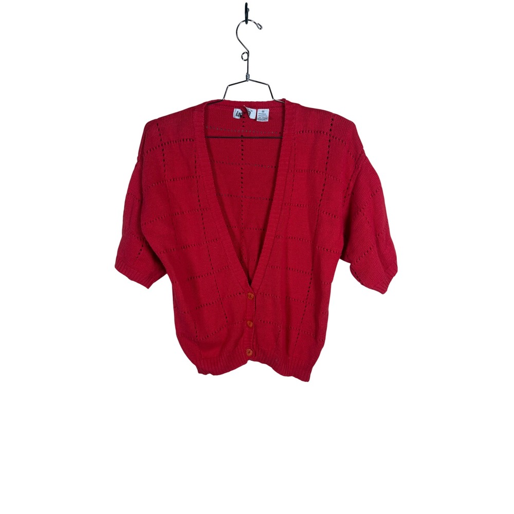 Vintage Lucia Red Pointelle Knit Short Sleeve Cardigan Sweater Medium
